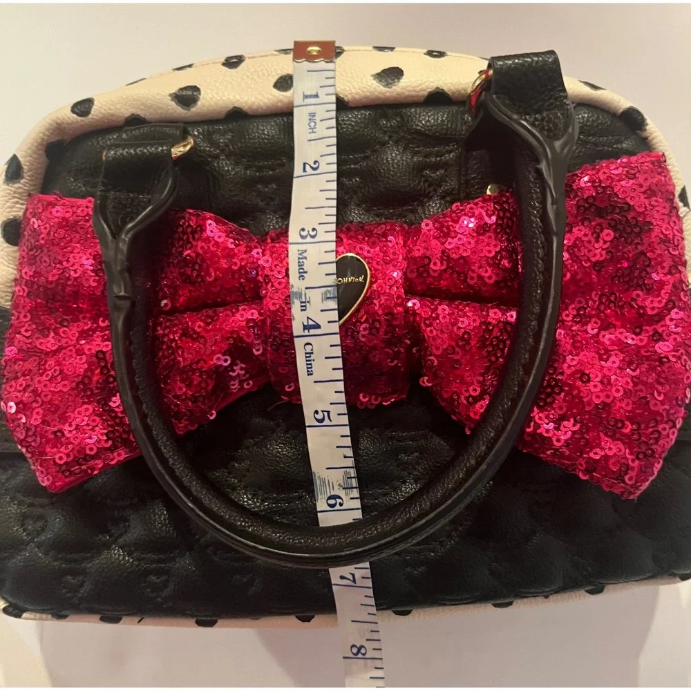 Betsy Johnson Purse Bag Handbag Black White Polka Dot Pink Sequin Bow With Strap
